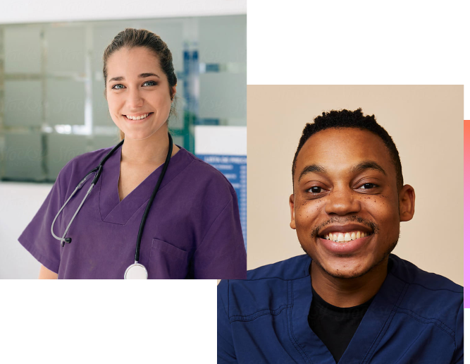 Two images of nurses, a female using a purple uniform and a male using a blue uniform